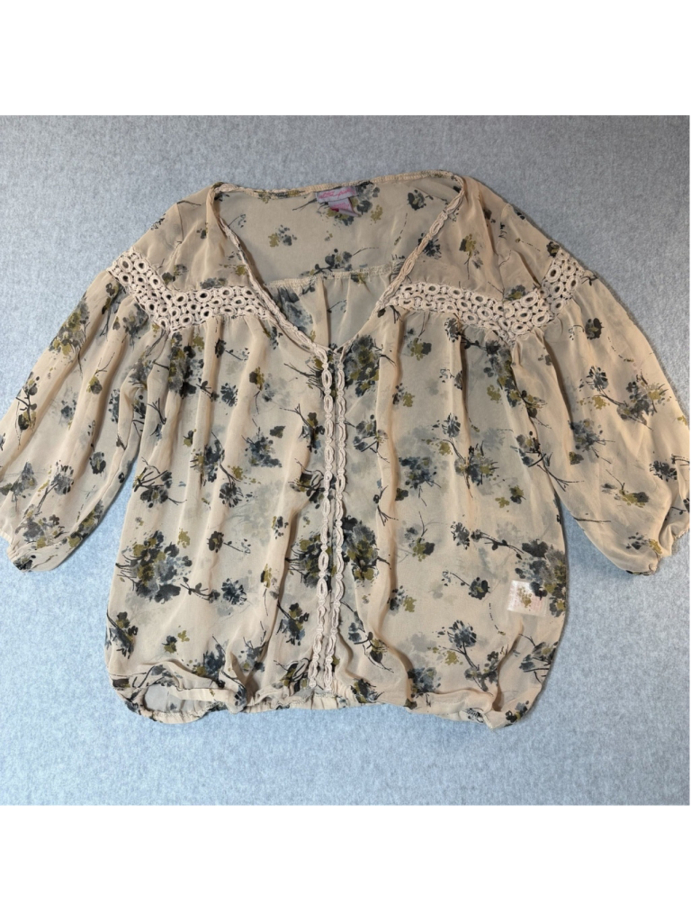 Floral Peasant Blouse Womens L Beige Crochet Lace Lightweight Boho Cottagecore